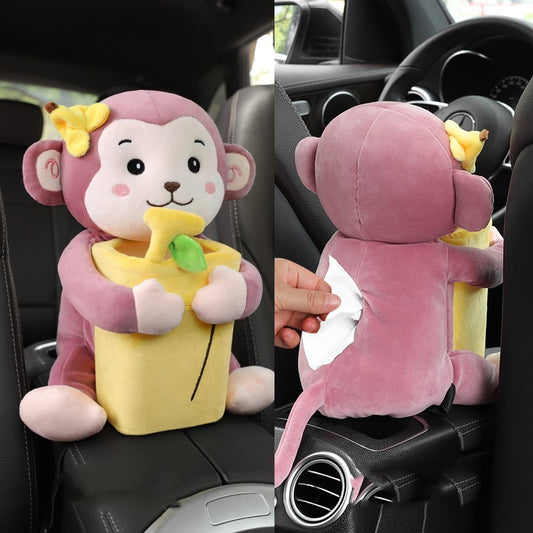 🐻 Cute Plush Tissue Box + Trash Bin – 2-in-1 Armrest Organizer
